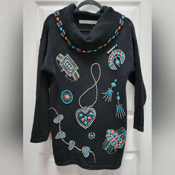 Victoria Jones Woman Sweaters - Victoria Jones Vintage Native American Silver/Beaded Jewelry Cowl Sweater/Dress